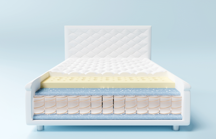 Split cross-section of a mattress showing internal layers including memory foam, pocket springs, and support base.